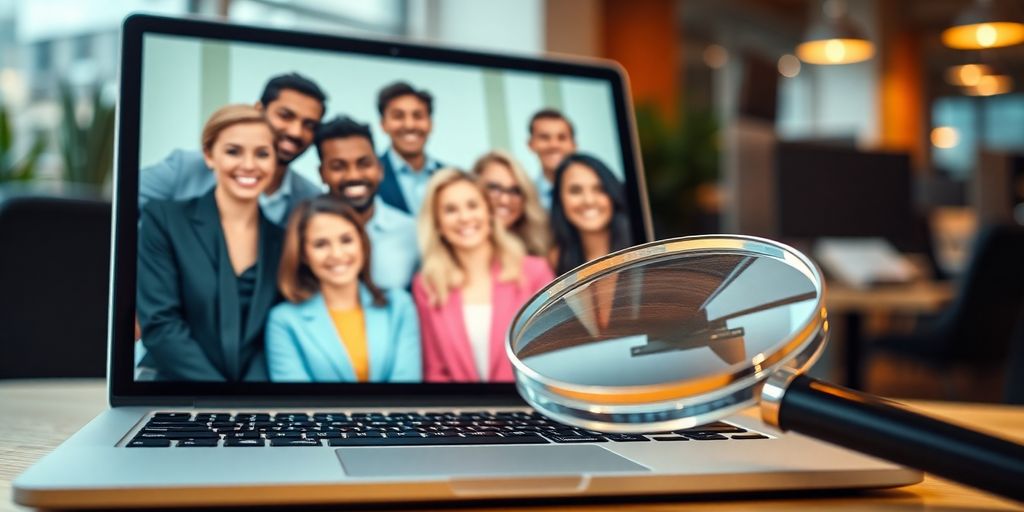 Laptop, magnifying glass, diverse people, hiring.