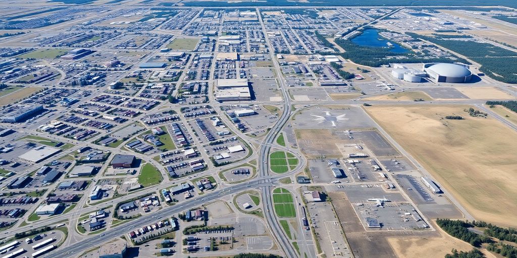 Photographic aerial view of West Anchorage streets and the airport.