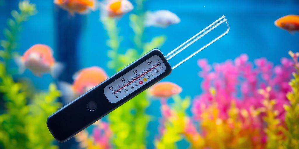 Aquarium thermometer in a colorful fish tank.