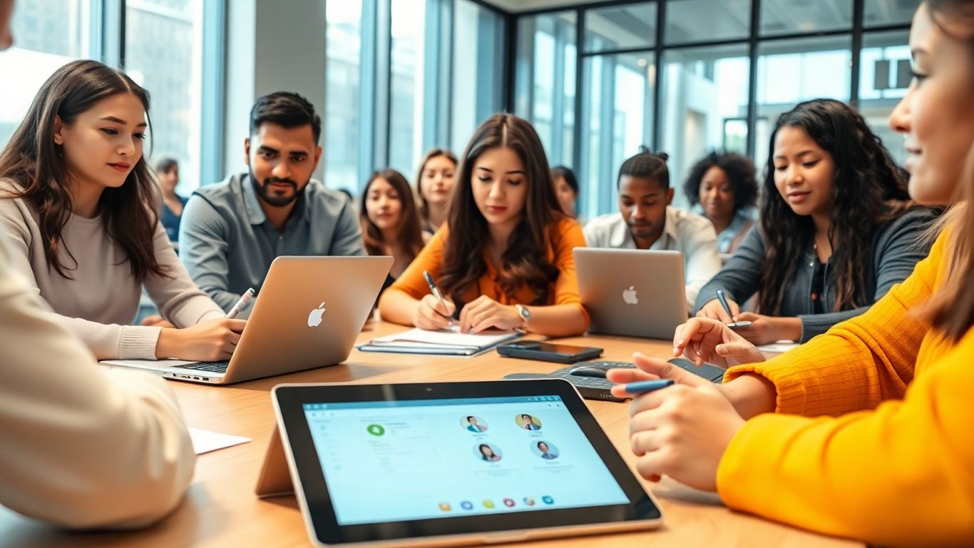 People using laptops and tablet in a meeting room.