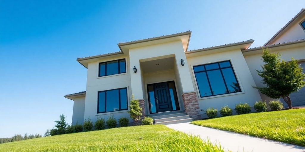 Modern home exterior, green lawn.
