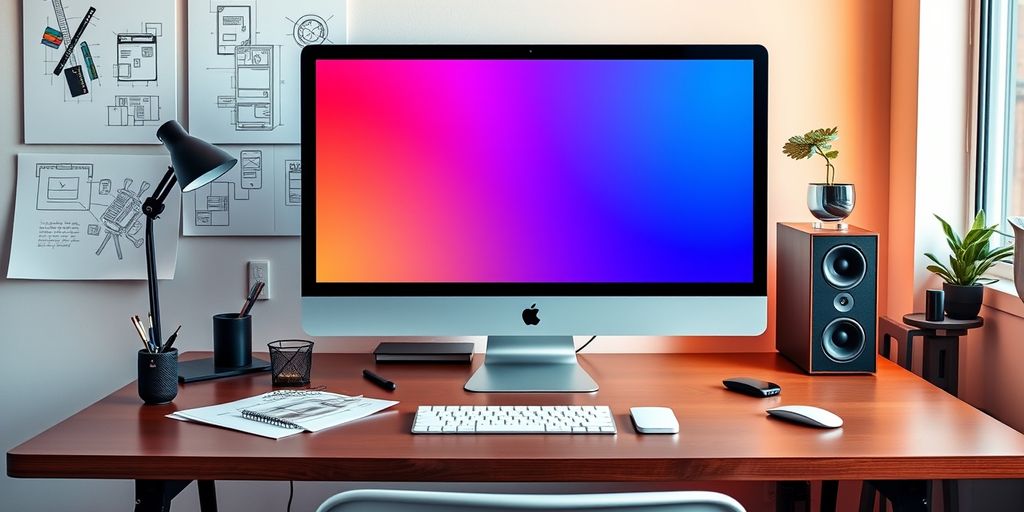 Modernes Büro mit Computer und Designskizzen