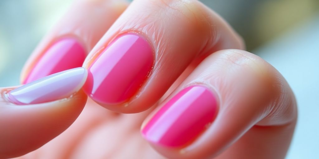Close-up of healthy, glossy nails with vibrant polish.