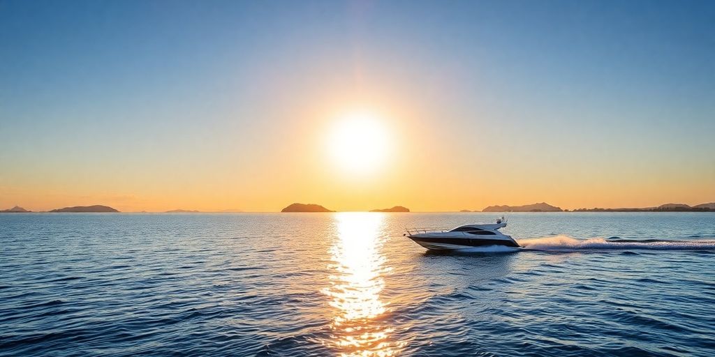 Boat cruising clear blue water at sunset