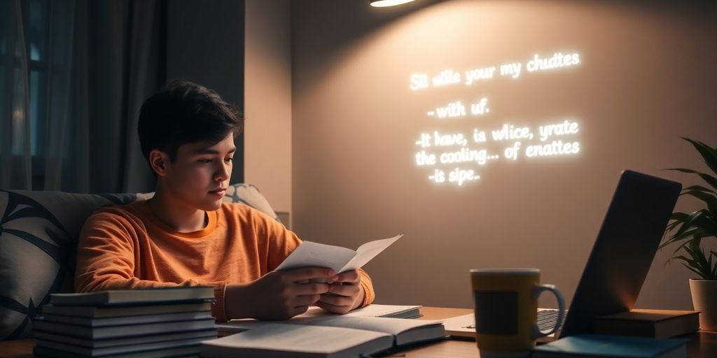 Student studying at night with warm, inspiring lighting.