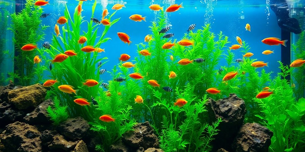 Makukulay na isda sa isang luntiang aquarium na may media ng filter.