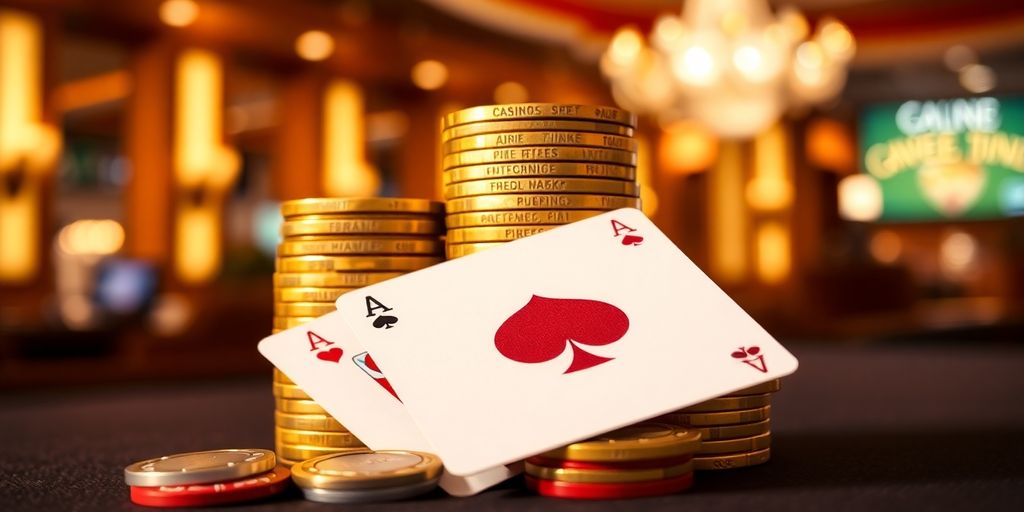 Shiny casino chips stacked with cards.