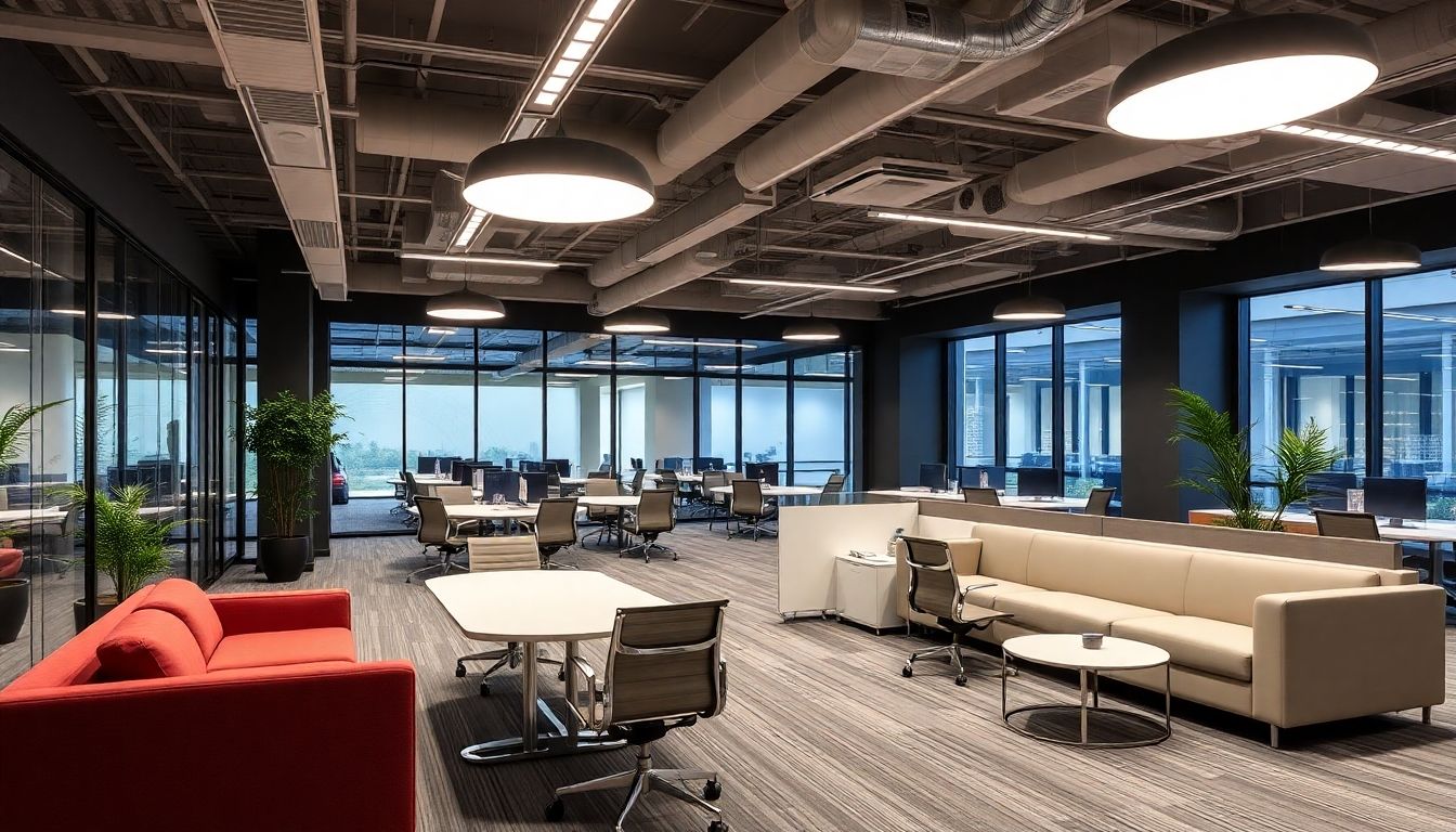 Modern office interior with sleek furniture and bright lighting.