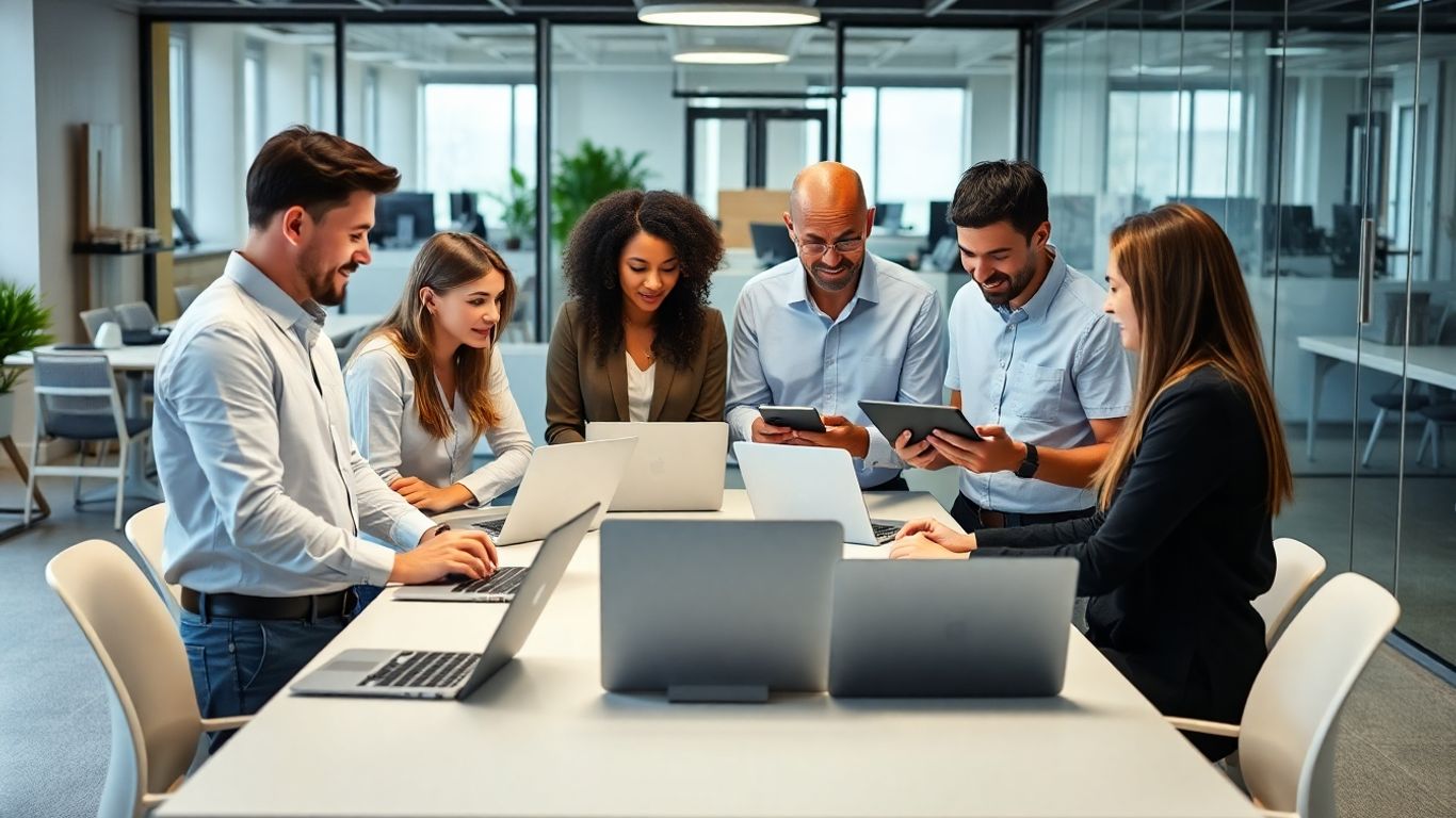 Professionals collaborating in a bright modern office space