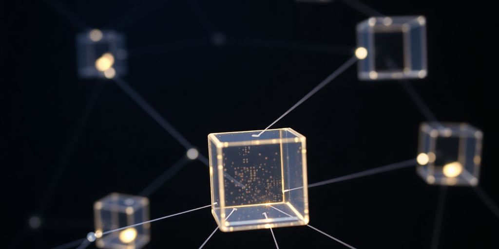 Interconnected glowing blocks in a digital network.