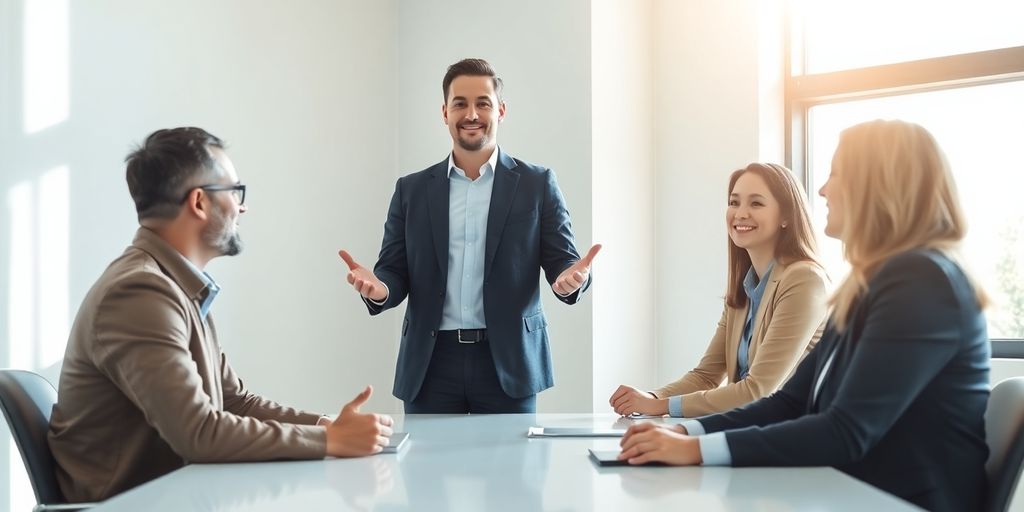 Professionnel confiant échangeant avec son équipe