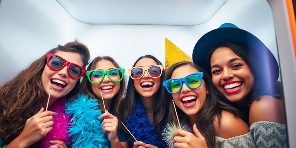 Photobooth avec accessoires colorés et sourires