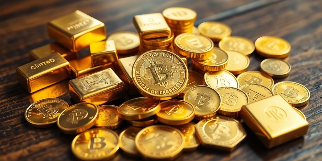 桌子上有各种各样的金条和金币。