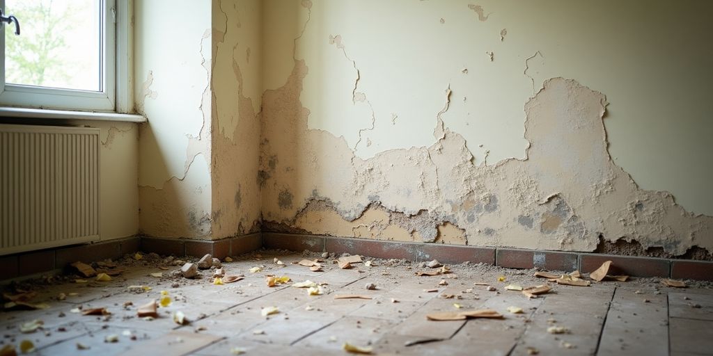 Water-damaged interior showing peeling paint and mold.