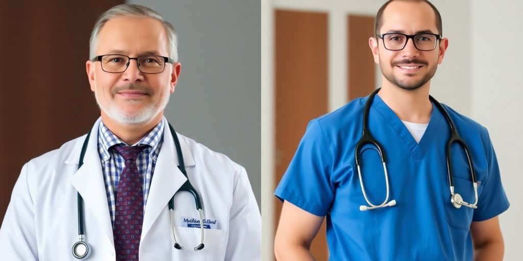 Two doctors, one in a white coat, the other in scrubs, with stethoscopes.