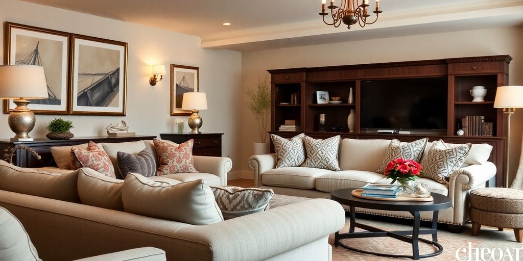 Elegant living room with a cozy Pottery Barn couch.