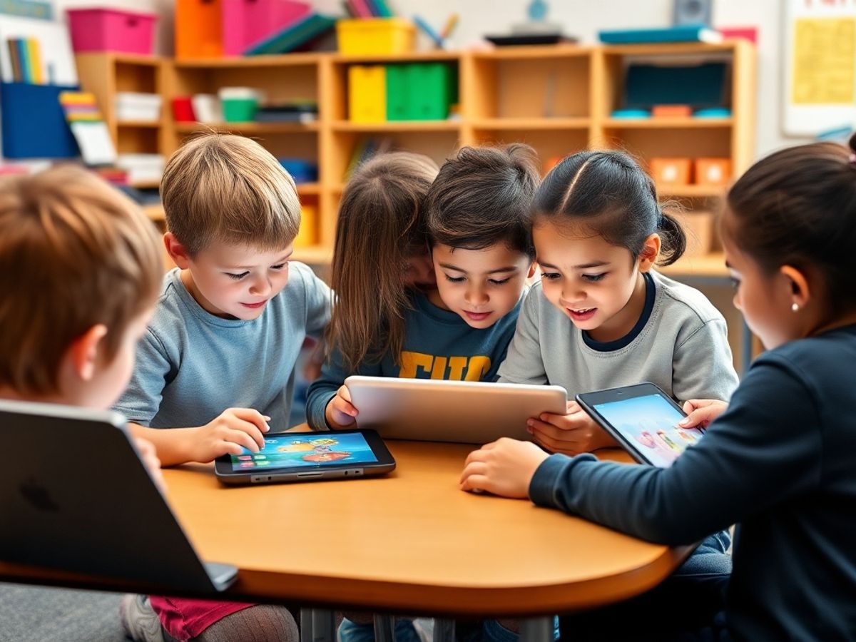 Copii folosind tehnologia pentru învățare în clasă.
