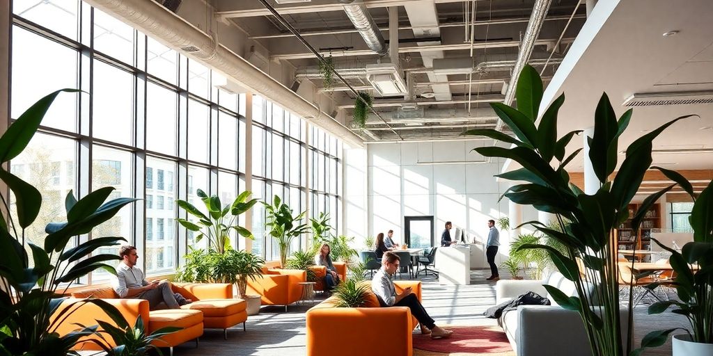 Bright modern office with collaborative spaces and diverse employees.