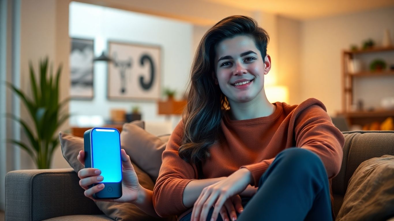 Person talking to a smart AI device at home.