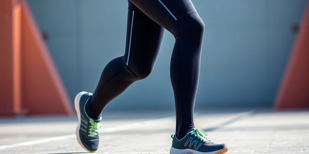 Canelito de compressão para corrida em fundo esportivo.