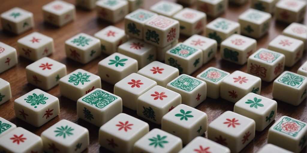 Close-up of Mahjong season tiles on a wooden table, showcasing their intricate designs and cultural significance.
