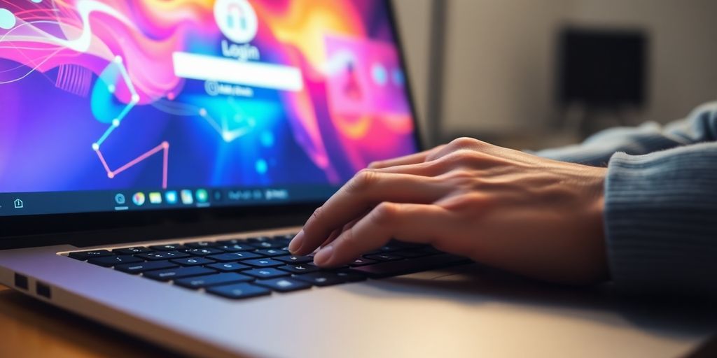 Person logging in on laptop.