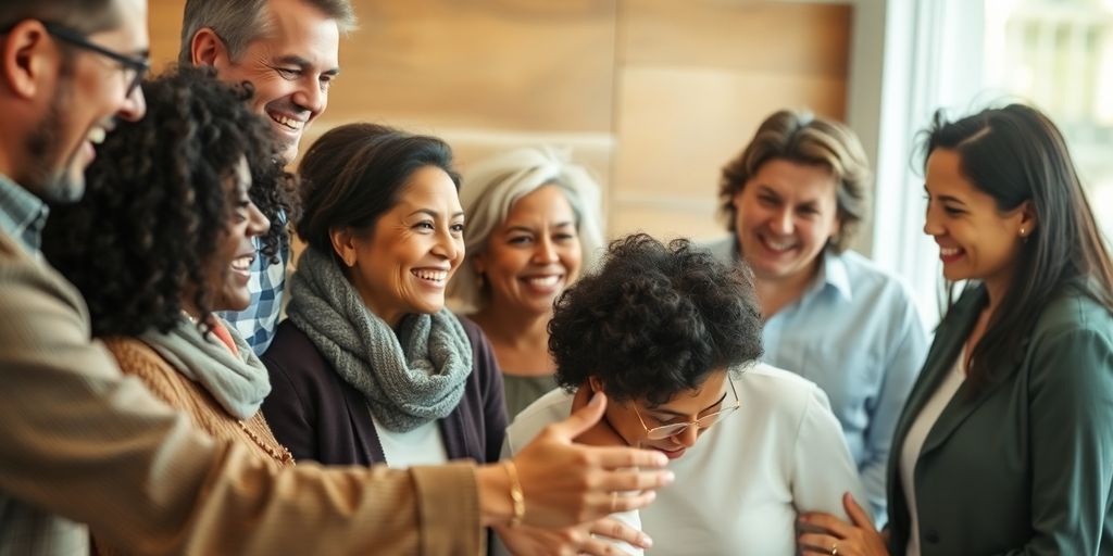Diverse adults collaborating, smiling, receiving support.