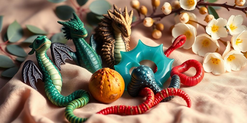 Fantasy dildos: dragon, tentacle shapes, mystical colors, Australian backdrop.