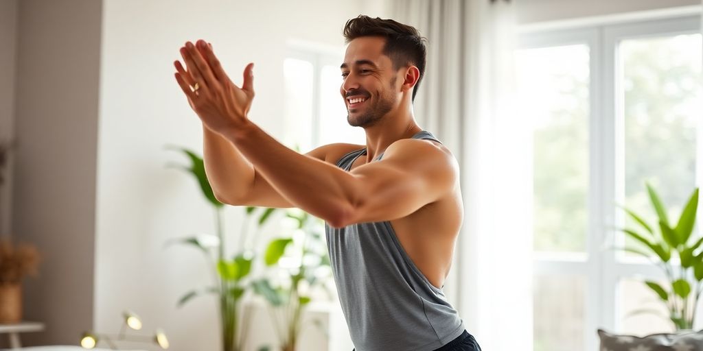 Fit person exercising at home, smiling brightly.