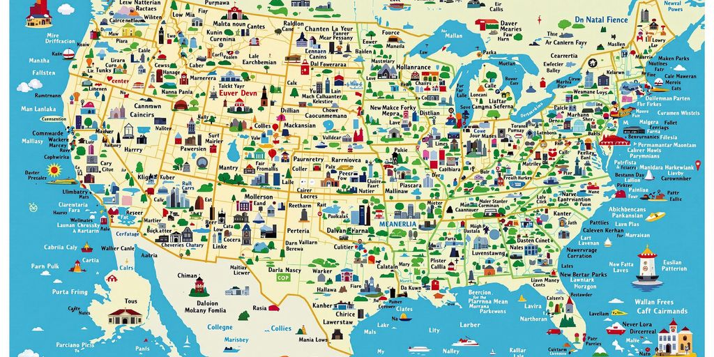 Colorful map of major cities in the USA.