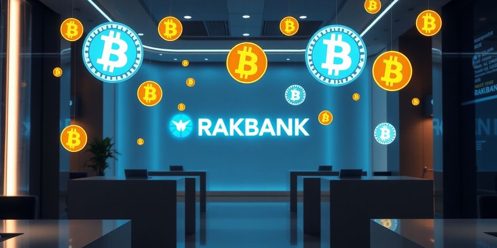 RAKBANK building with Bitcoin and digital currency symbols.