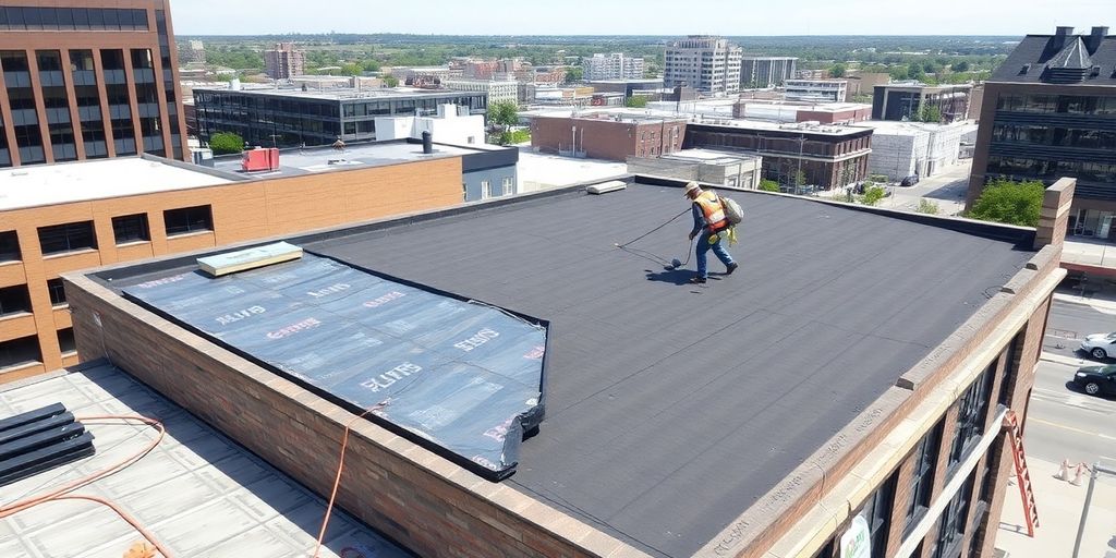 Workers replacing a commercial roof in Omaha.