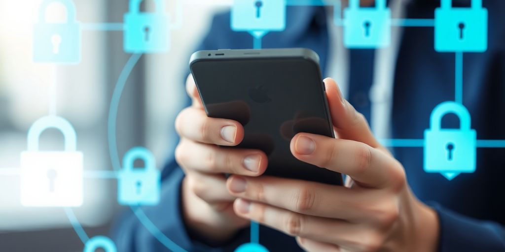 Person holding smartphone with digital privacy icons around.
