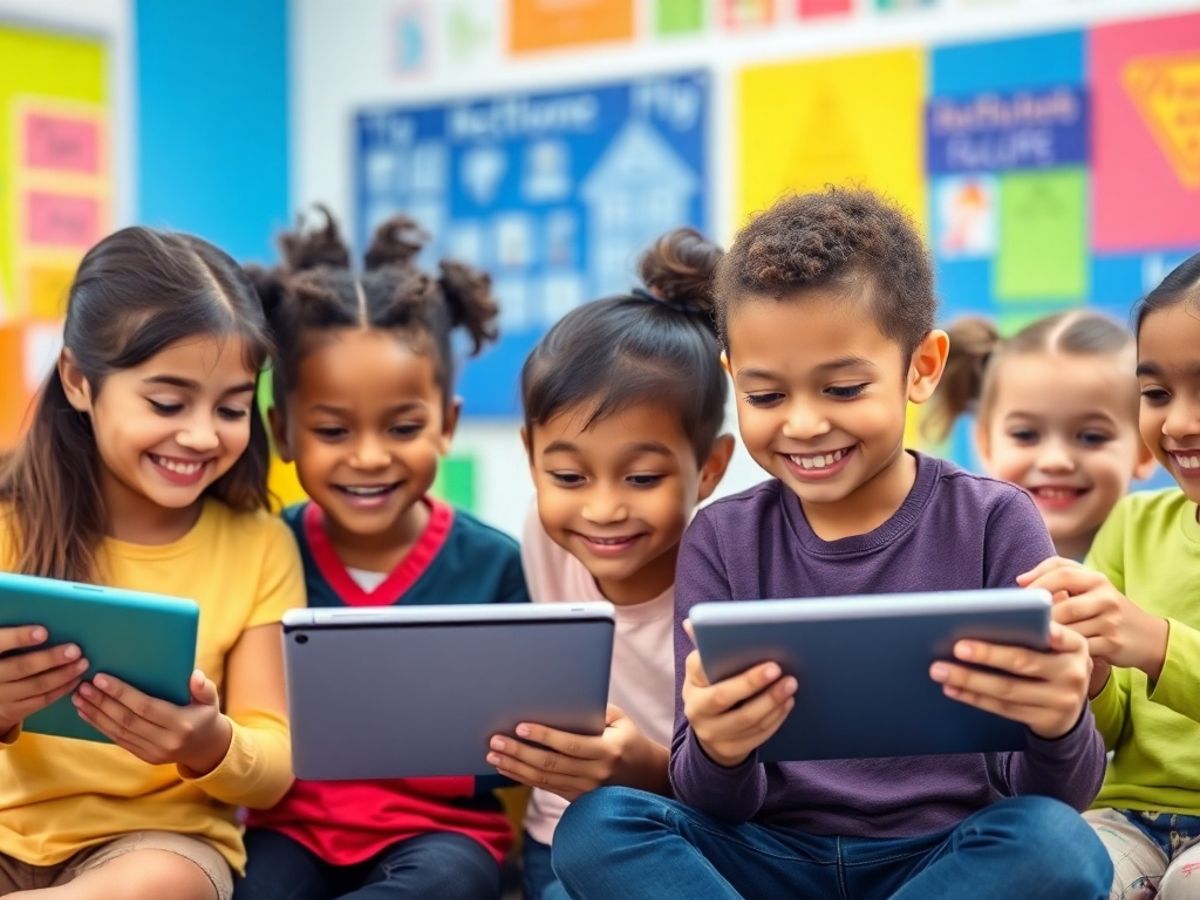 Copii folosind tablete în clasă, fericiți și implicați.