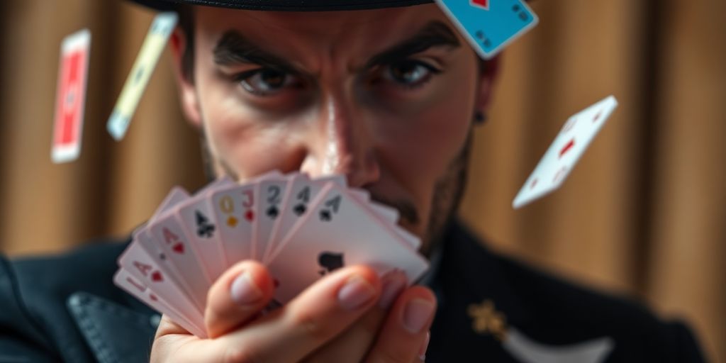 Magician performing a card trick with flying cards.