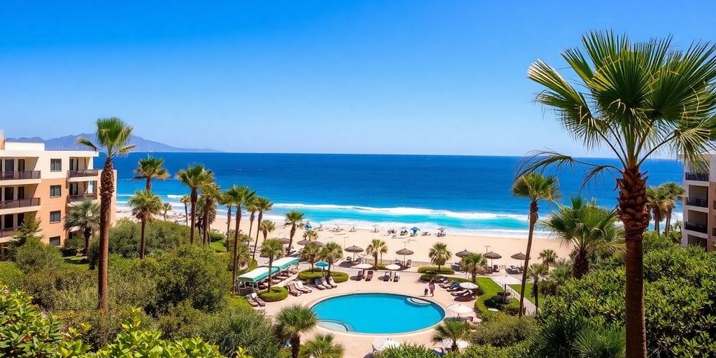Hyatt Los Cabos hotel with ocean and greenery background.