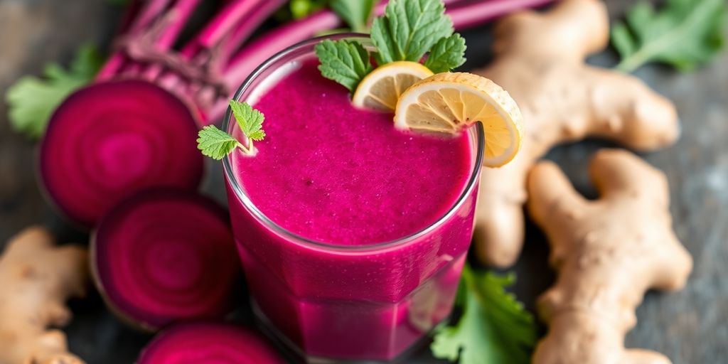 Beetroot ginger smoothie in a glass with garnishes.