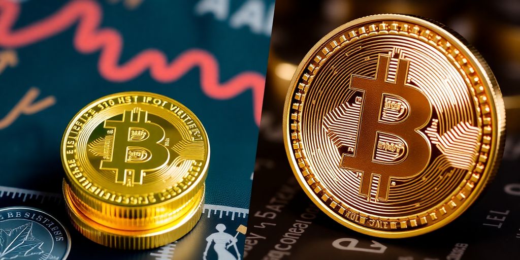 Pièce d'or et symbole de crypto-monnaie en contraste.