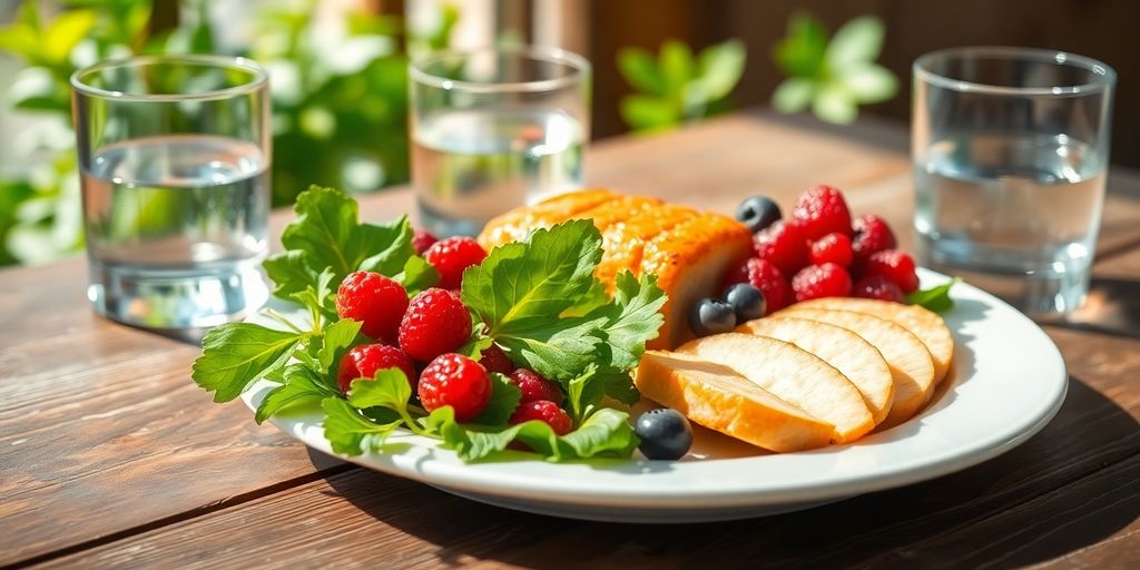 Healthy food on a table with green leaves.