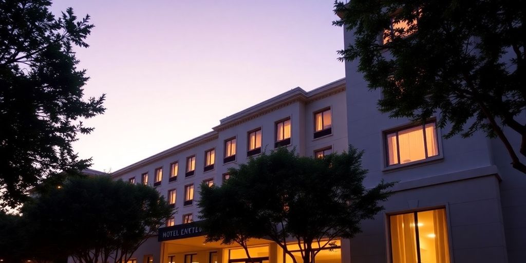 Luxe hotelgebouw bij zonsondergang