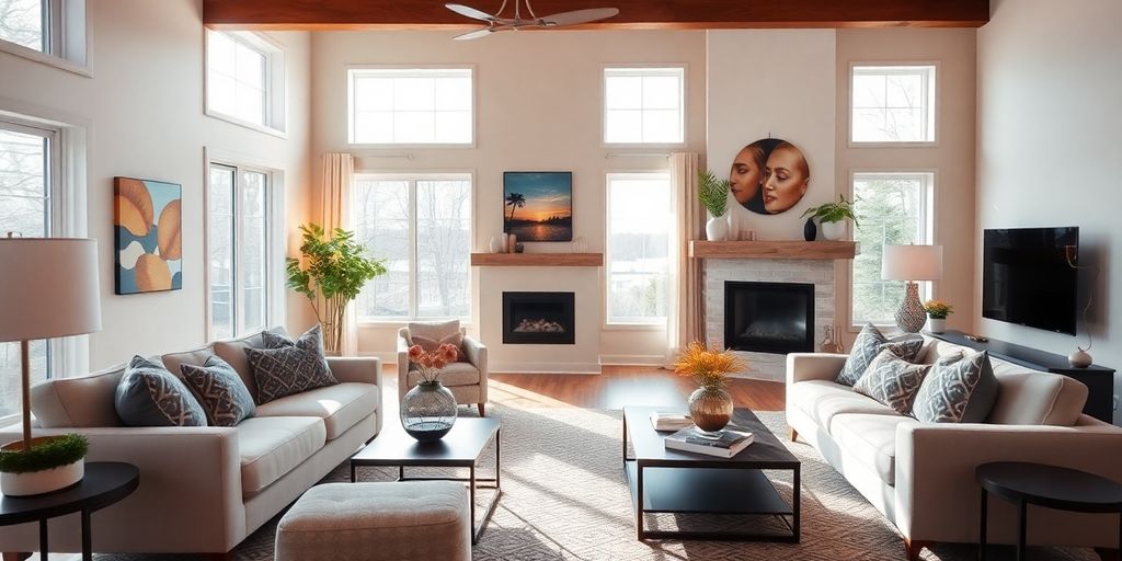 Modern remodeled living room with stylish decor and lighting.