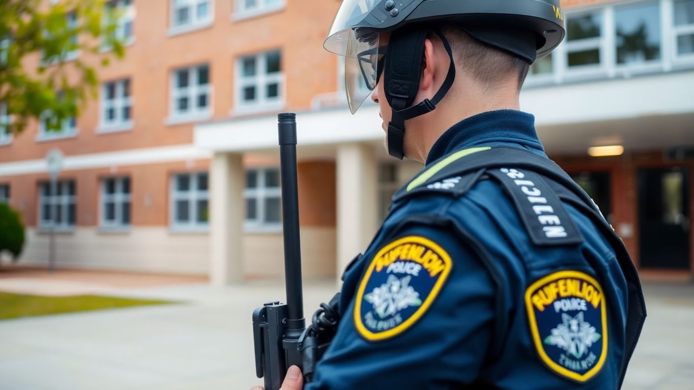 Agent de police devant une école