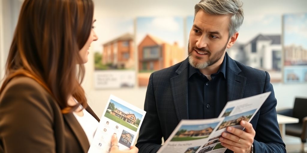 Two professionals discussing real estate options in an office.
