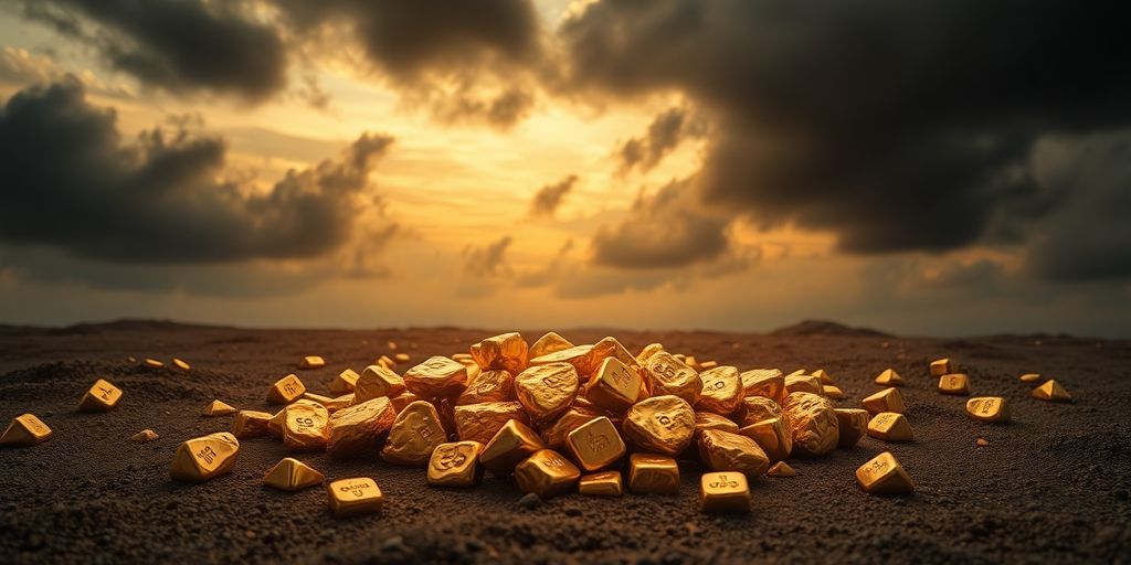 Nuggets d'or sur une surface texturée, ciel sombre.