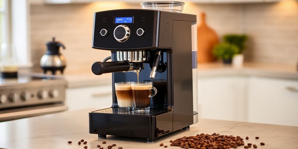 Delonghi EC820B espresso machine on a kitchen countertop.