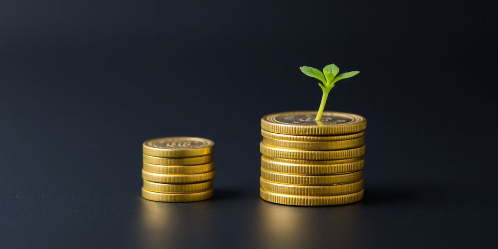 Golden coins stacked with a green plant growing.