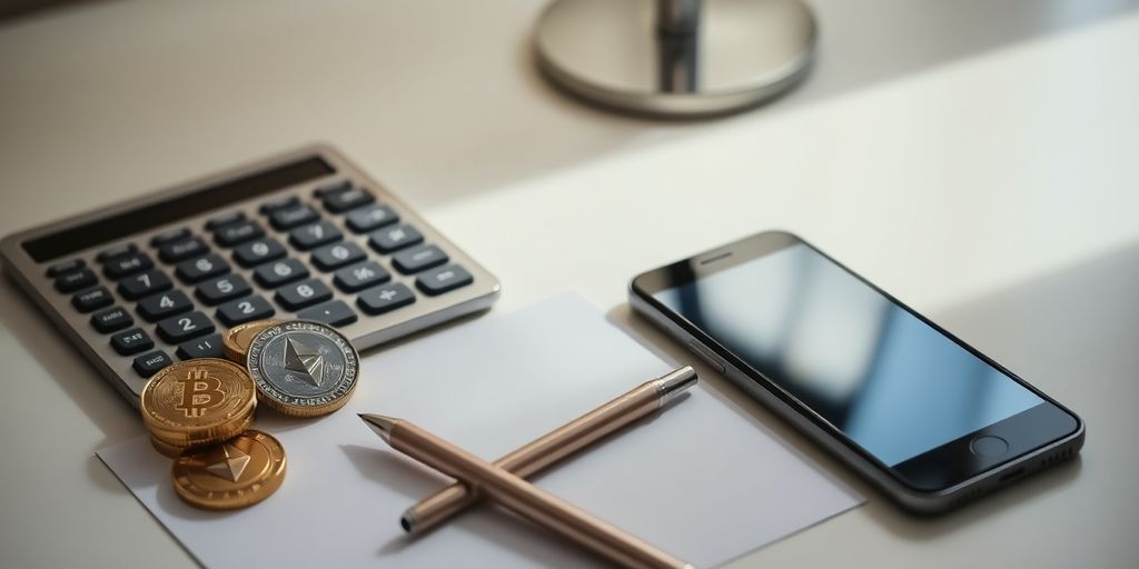 Photograph of cryptocurrency coins, calculator, pen, smartphone on wooden desk.