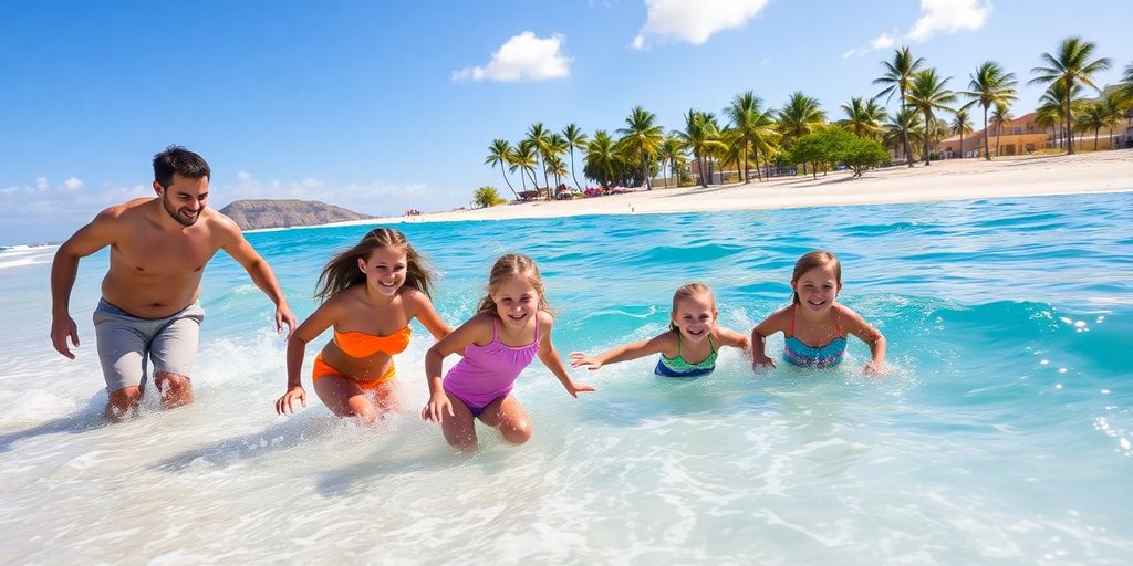 Family on beach playing in Cabo waves.