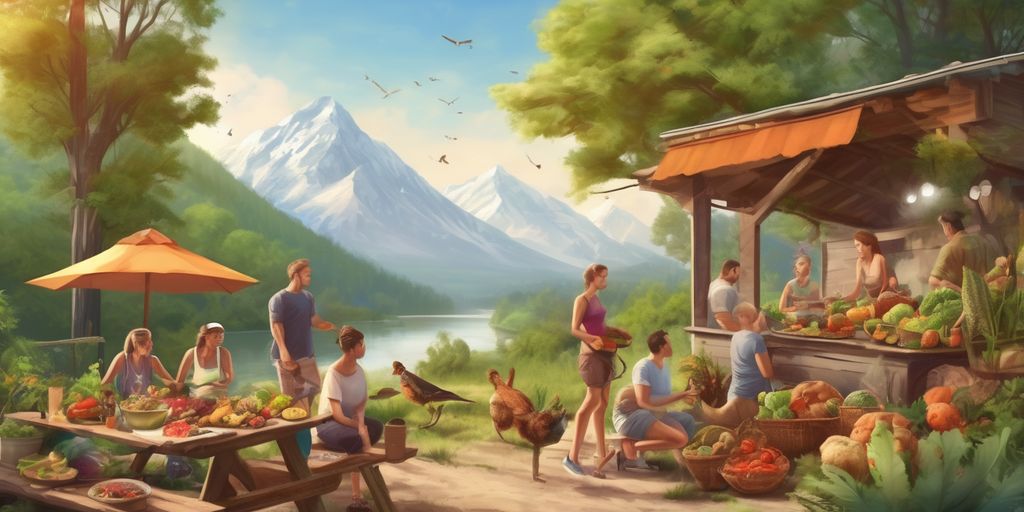 healthy lifestyle with paleo diet, people eating natural foods, outdoor activities