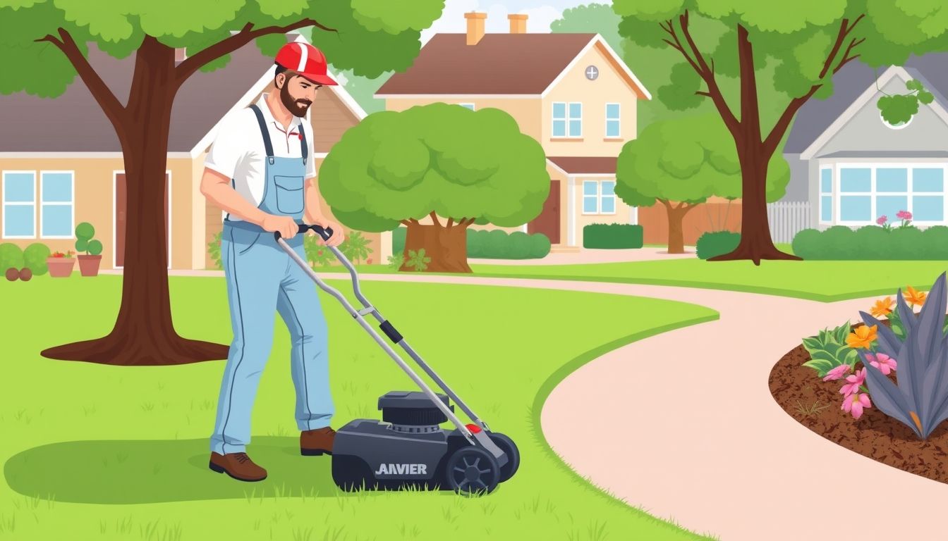 Gardener mowing lawn in suburban area